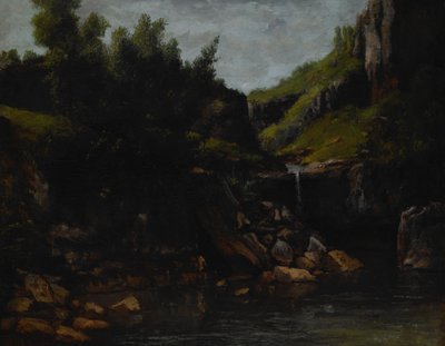 Waterval in een rotsachtig landschap door Gustave Courbet